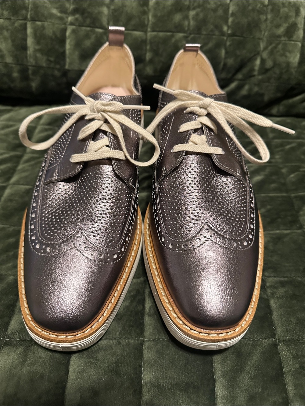 Cole Haan Metallic Dark Brown Wingtip Oxfords with Cream Laces